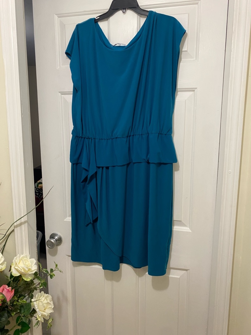 madison leigh Teal Cap Sleeve Ruffle Waist Midi Dress